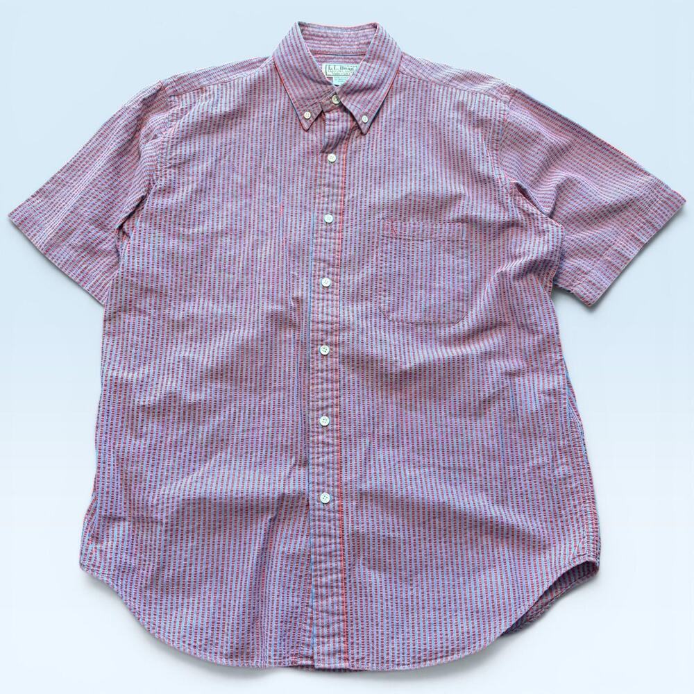 Vintage LL Bean Shirt Mens Large Red Stripe Short Sleeve Button Down USA 80s